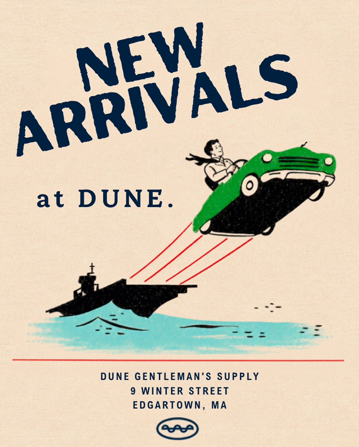New Arrivals at Dune illustrated green car poster